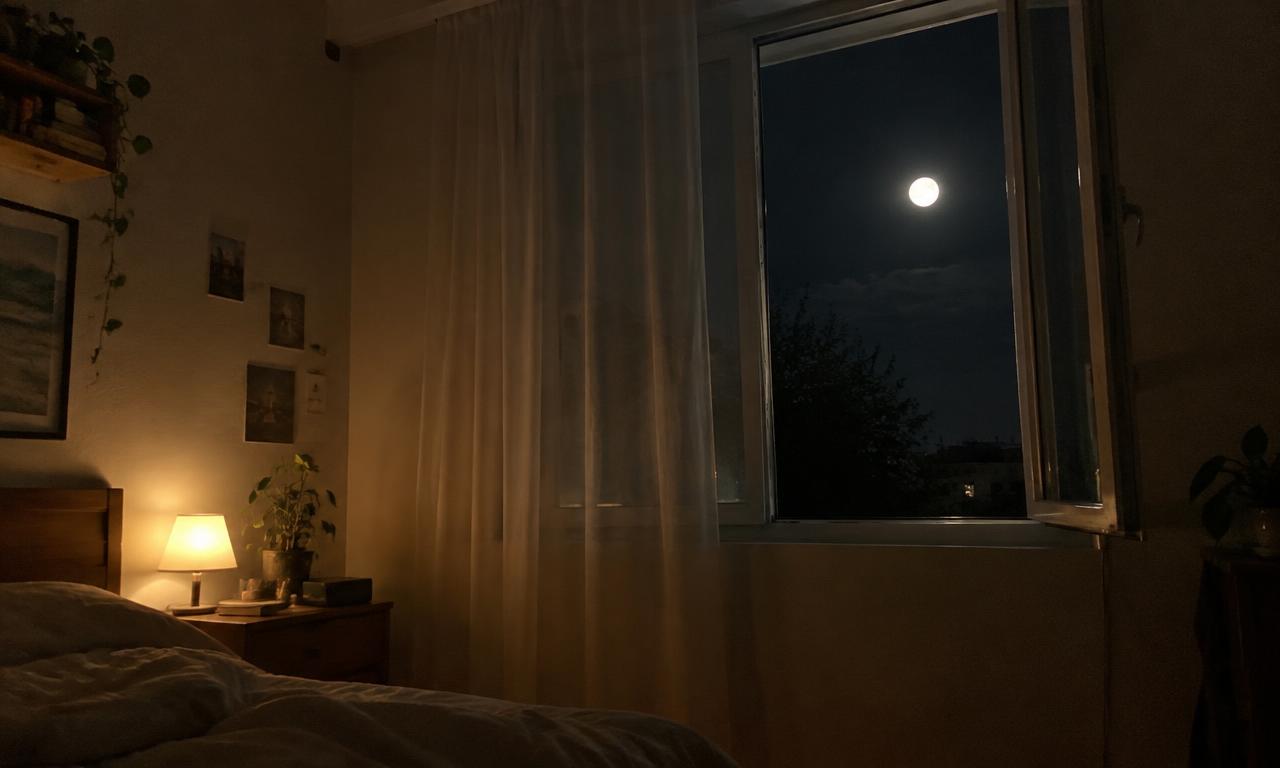 Une nuit claire aperçue par une fenêtre entrouverte, avec une pleine lune bien ronde.